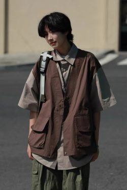 Japanese-Style Retro Patchwork Fake Two-Piece Color-Block Short Sleeve Shirt for Men and Women, Summer Casual Trend