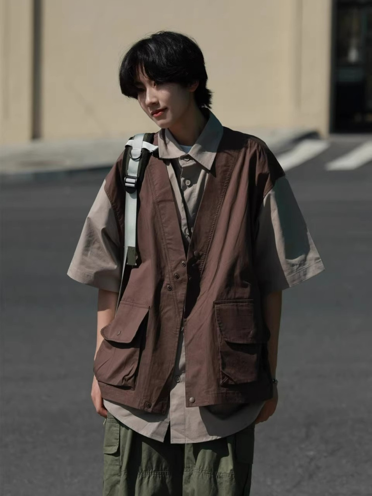 Japanese-Style Retro Patchwork Fake Two-Piece Color-Block Short Sleeve Shirt for Men and Women, Summer Casual Trend Japanese-Style Retro Patchwork Fake Two-Piece Color-Block Short Sleeve Shirt for Men and Women, Summer Casual Trend