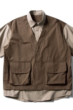 Japanese-Style Retro Patchwork Fake Two-Piece Color-Block Short Sleeve Shirt for Men and Women, Summer Casual Trend