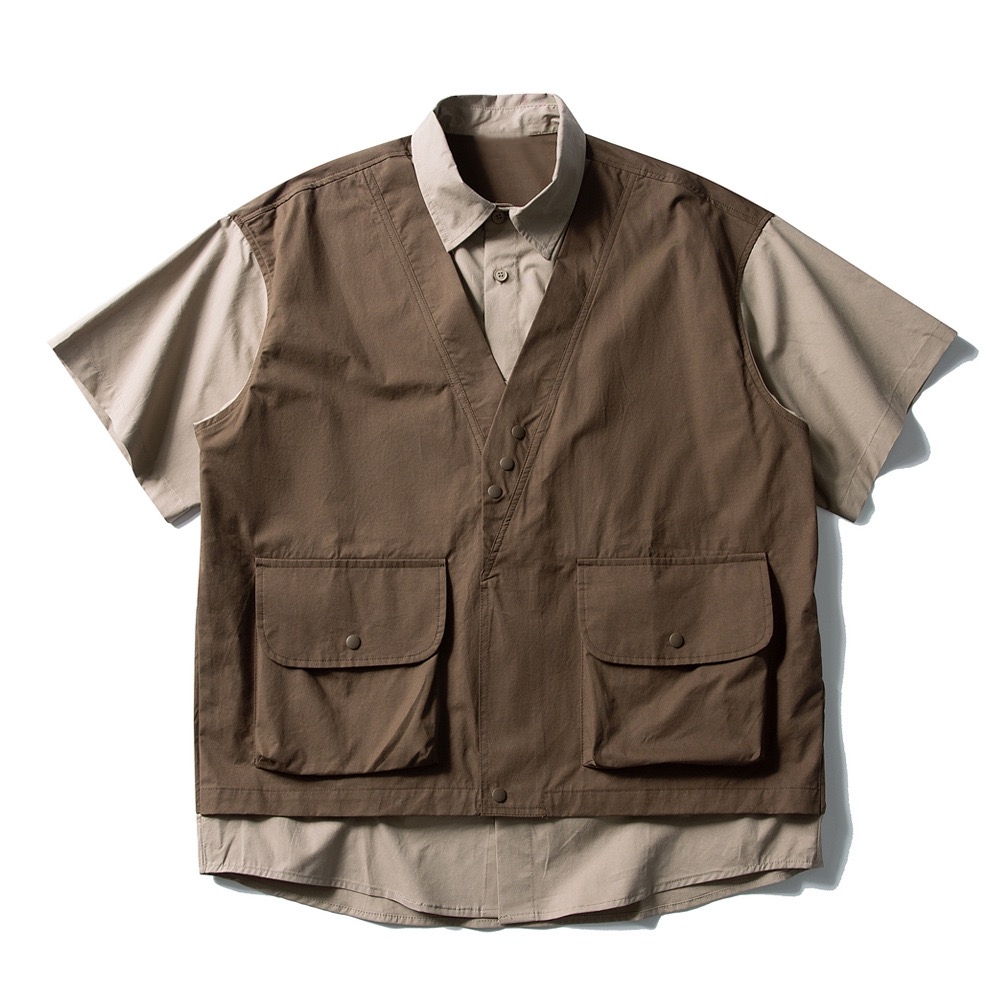 Japanese-Style Retro Patchwork Fake Two-Piece Color-Block Short Sleeve Shirt for Men and Women, Summer Casual Trend Japanese-Style Retro Patchwork Fake Two-Piece Color-Block Short Sleeve Shirt for Men and Women, Summer Casual Trend