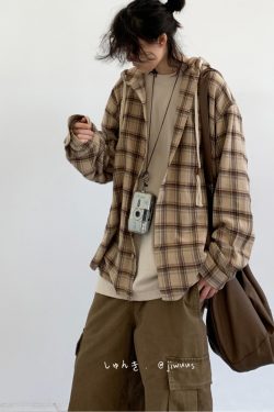 Japanese-Style Retro Plaid Hooded Long Sleeve Shirt for Men and Women - Casual College Trendy Jacket for Spring and Autumn
