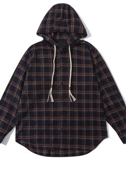 Japanese-Style Retro Plaid Hooded Long Sleeve Shirt for Men and Women - Casual College Trendy Jacket for Spring and Autumn