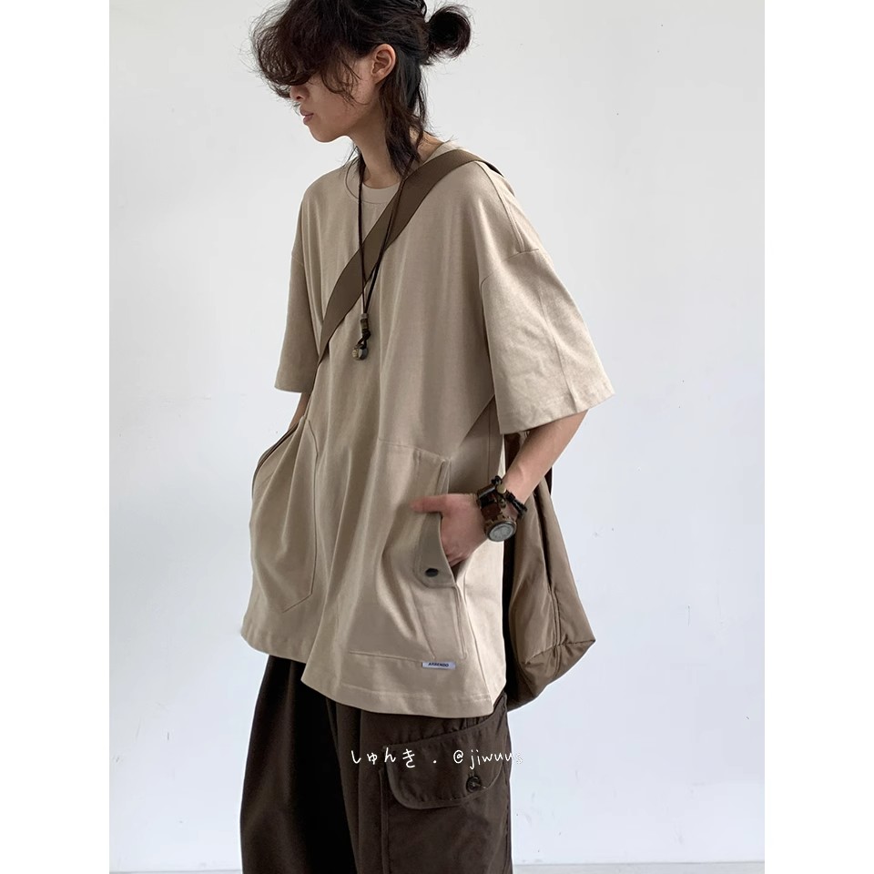 Japanese-Style Retro Pocket Short Sleeve T-Shirt for Men and Women - Loose Casual Versatile Summer Tee Japanese-Style Retro Pocket Short Sleeve T-Shirt for Men and Women - Loose Casual Versatile Summer Tee