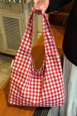 Japanese-Style Retro Red Checkered Canvas Tote Bag for Women, 2025 Commuter Shoulder Bag, Y2K Lazy Style Student Purse