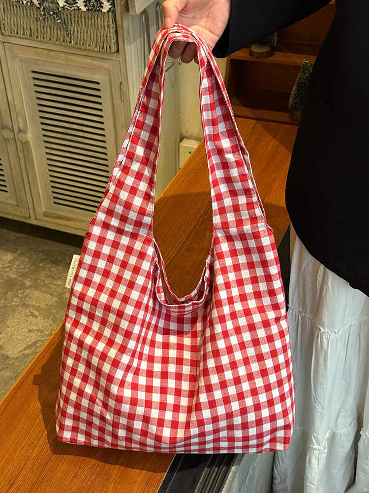Japanese-Style Retro Red Checkered Canvas Tote Bag for Women, 2025 Commuter Shoulder Bag, Y2K Lazy Style Student Purse Japanese-Style Retro Red Checkered Canvas Tote Bag for Women, 2025 Commuter Shoulder Bag, Y2K Lazy Style Student Purse