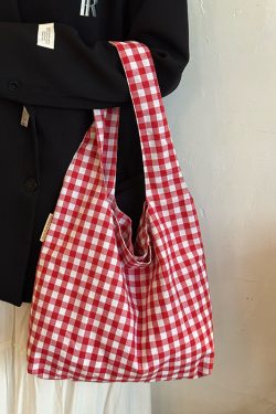 Japanese-Style Retro Red Checkered Canvas Tote Bag for Women, 2025 Commuter Shoulder Bag, Y2K Lazy Style Student Purse