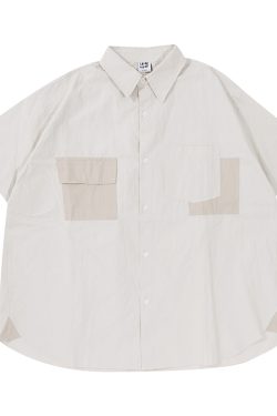 Japanese Style Retro Street Fashion Short Sleeve Shirt for Men & Women with Patch Pockets - Loose Fit Workwear Top