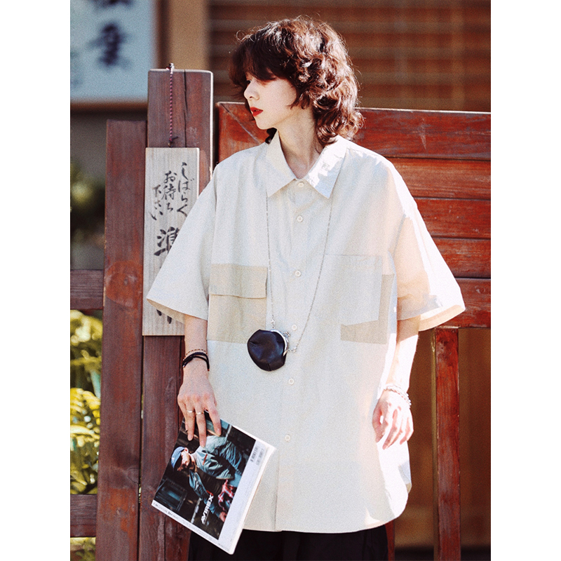 Japanese Style Retro Street Fashion Short Sleeve Shirt for Men & Women with Patch Pockets - Loose Fit Workwear Top Japanese Style Retro Street Fashion Short Sleeve Shirt for Men & Women with Patch Pockets - Loose Fit Workwear Top
