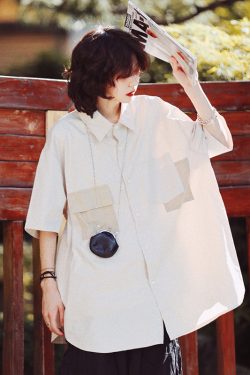 Japanese Style Retro Street Fashion Short Sleeve Shirt for Men & Women with Patch Pockets - Loose Fit Workwear Top