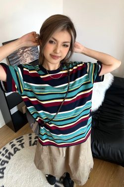 Japanese-Style Retro Striped Color-Blocking Heavyweight Round-Neck Short-Sleeve Women's Summer T-Shirt Vintage Couple Top
