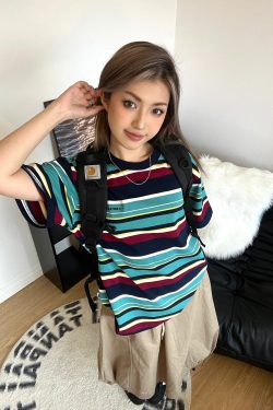 Japanese-Style Retro Striped Color-Blocking Heavyweight Round-Neck Short-Sleeve Women's Summer T-Shirt Vintage Couple Top