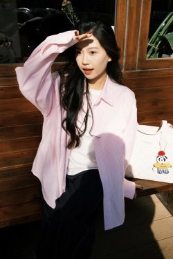 Japanese-Style Retro Striped Long Sleeve Shirt Jacket for Women - Casual College Style Pink Top for Spring