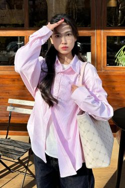 Japanese-Style Retro Striped Long Sleeve Shirt Jacket for Women - Casual College Style Pink Top for Spring