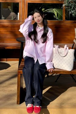 Japanese-Style Retro Striped Long Sleeve Shirt Jacket for Women - Casual College Style Pink Top for Spring
