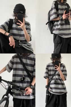 Japanese-Style Retro Striped Round Neck Short Sleeve T-Shirt for Summer, Unisex Loose College Style Half-Sleeve Top