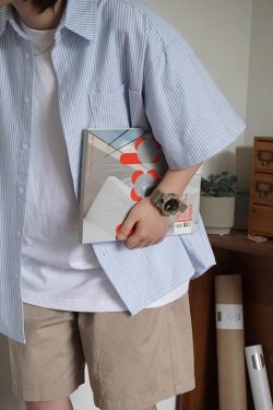 Japanese-Style Retro Striped Short Sleeve Shirt for Men and Women, Summer Loose Casual City Boy Jacket