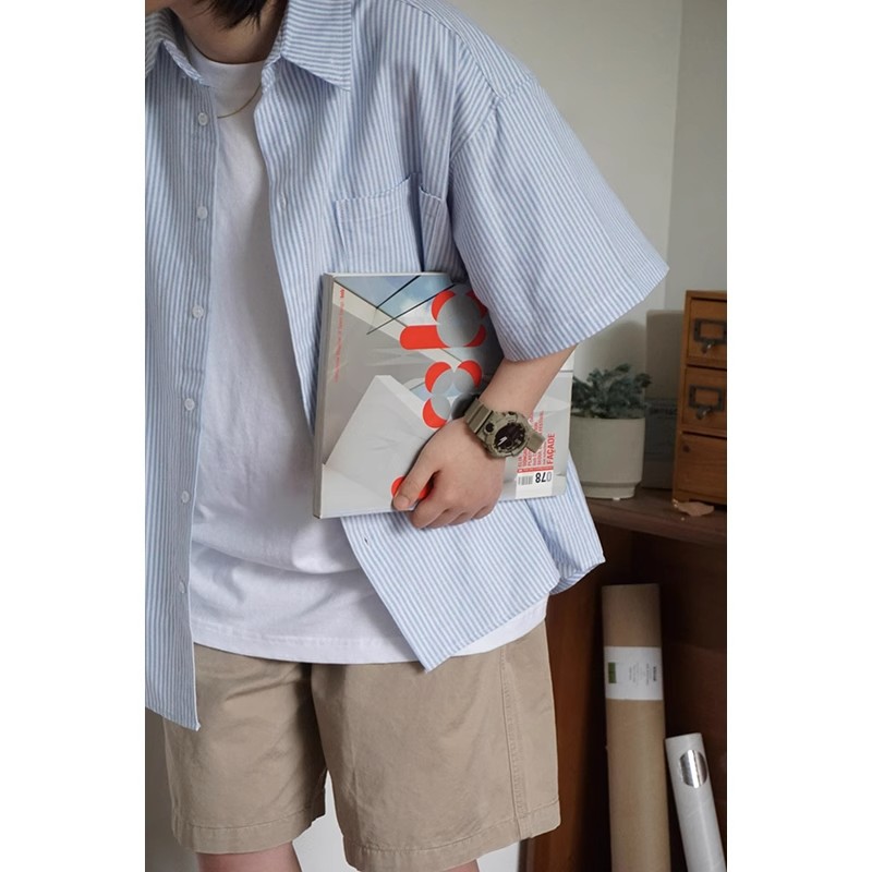 Japanese-Style Retro Striped Short Sleeve Shirt for Men and Women, Summer Loose Casual City Boy Jacket Japanese-Style Retro Striped Short Sleeve Shirt for Men and Women, Summer Loose Casual City Boy Jacket