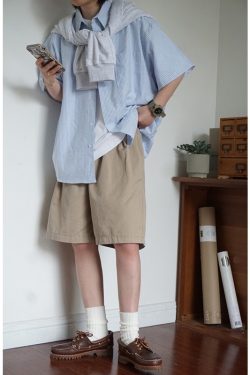 Japanese-Style Retro Striped Short Sleeve Shirt for Men and Women, Summer Loose Casual City Boy Jacket