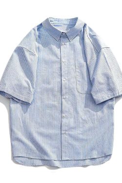 Japanese-Style Retro Striped Short Sleeve Shirt for Men and Women, Summer Loose Casual City Boy Jacket