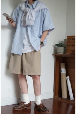 Japanese-Style Retro Striped Short Sleeve Shirt for Men and Women, Summer Loose Casual City Boy Jacket