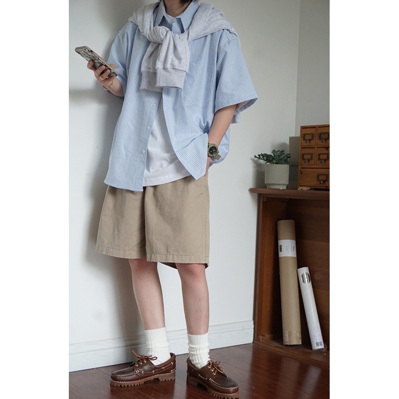 Japanese-Style Retro Striped Short Sleeve Shirt for Men and Women, Summer Loose Casual City Boy Jacket Japanese-Style Retro Striped Short Sleeve Shirt for Men and Women, Summer Loose Casual City Boy Jacket