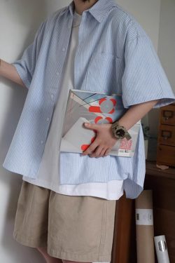 Japanese-Style Retro Striped Short Sleeve Shirt for Men and Women, Summer Loose Casual City Boy Jacket