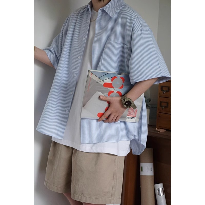 Japanese-Style Retro Striped Short Sleeve Shirt for Men and Women, Summer Loose Casual City Boy Jacket Japanese-Style Retro Striped Short Sleeve Shirt for Men and Women, Summer Loose Casual City Boy Jacket