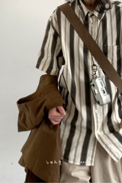 Japanese-Style Retro Vertical Striped Short Sleeve Shirt - Vintage Loose Casual Couple Top for Summer Trend