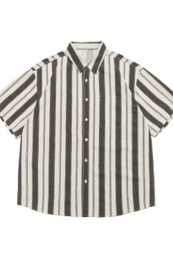Japanese-Style Retro Vertical Striped Short Sleeve Shirt - Vintage Loose Casual Couple Top for Summer Trend