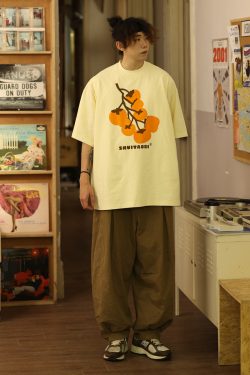 Japanese-Style Short-Sleeve T-Shirt for Men and Women - Casual Heavyweight Couple Top, Trendy Kaki Kaki Ruyi Design