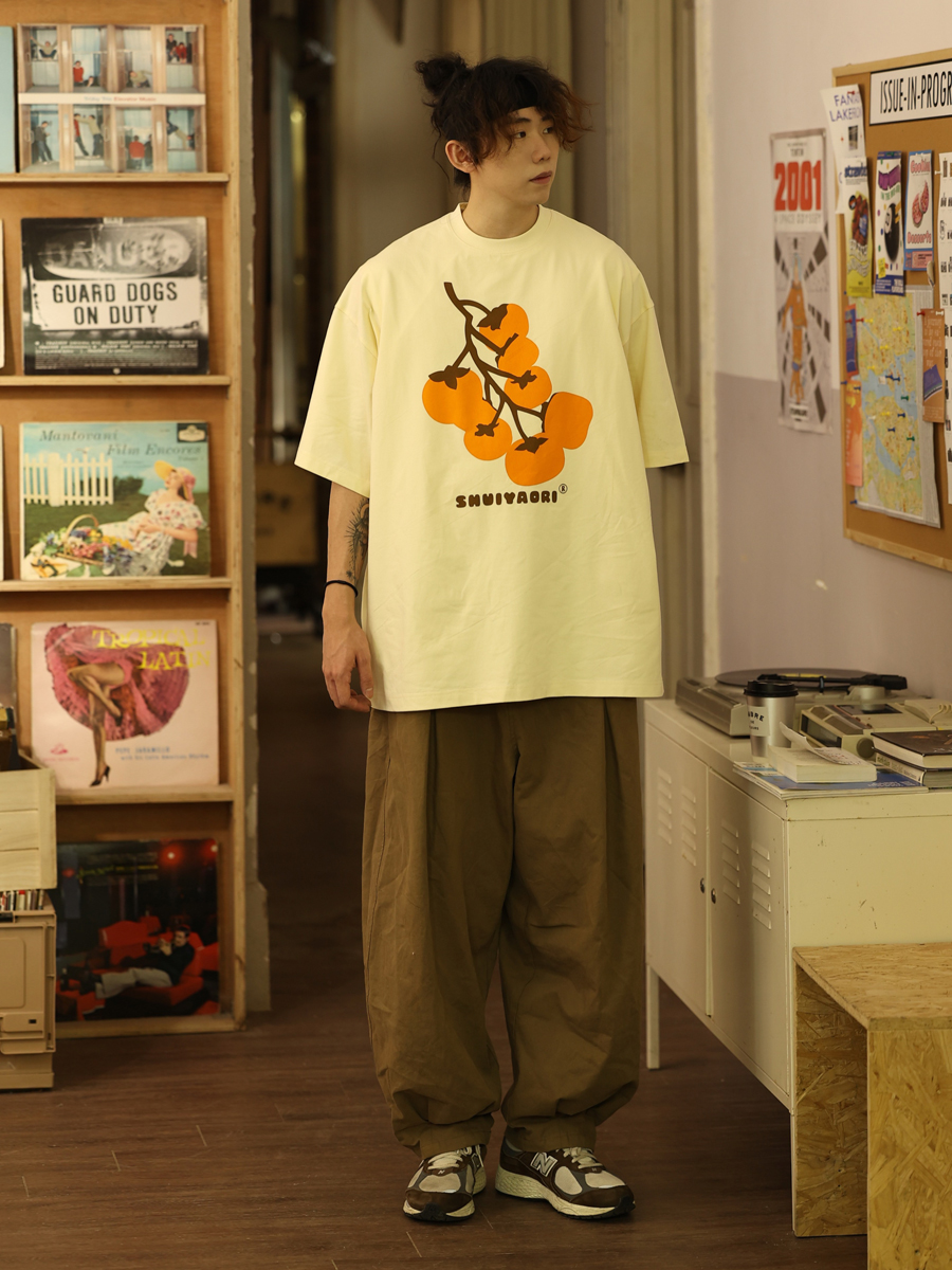 Japanese-Style Short-Sleeve T-Shirt for Men and Women - Casual Heavyweight Couple Top, Trendy Kaki Kaki Ruyi Design Japanese-Style Short-Sleeve T-Shirt for Men and Women - Casual Heavyweight Couple Top, Trendy Kaki Kaki Ruyi Design