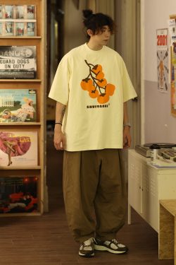 Japanese-Style Short-Sleeve T-Shirt for Men and Women - Casual Heavyweight Couple Top, Trendy Kaki Kaki Ruyi Design