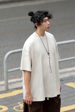 Japanese-Style Small Collar Short-Sleeve T-Shirt for Men - Casual Retro Tee with Hole Design, Loose Fit for Y2K and 90s Vibes