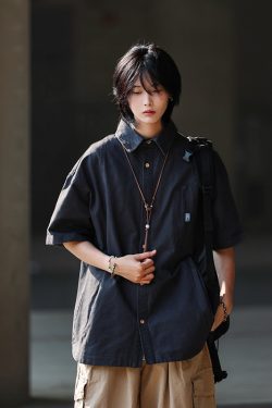 Japanese-Style Spliced Pocket Short Sleeve Shirt for Men - Casual Versatile Summer T-Shirt in Trendy Streetwear Style