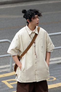 Japanese-Style Spliced Pocket Short Sleeve Shirt for Men - Casual Versatile Summer T-Shirt in Trendy Streetwear Style