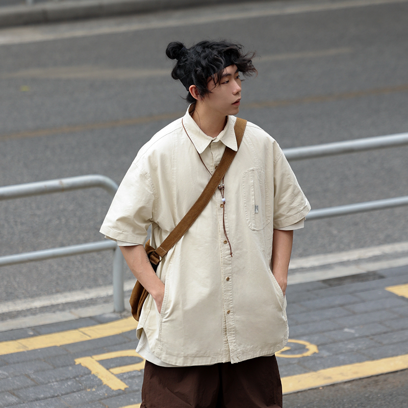 Japanese-Style Spliced Pocket Short Sleeve Shirt for Men - Casual Versatile Summer T-Shirt in Trendy Streetwear Style Japanese-Style Spliced Pocket Short Sleeve Shirt for Men - Casual Versatile Summer T-Shirt in Trendy Streetwear Style