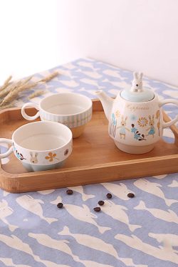 Japanese-Style Sugar Rabbit Ceramic Teapot Set with 2 Teacups and Filter - Cute Afternoon Tea Set for Two, Kids and Parents Tea Service