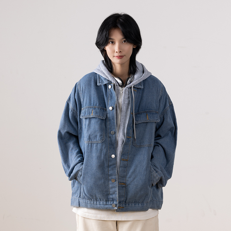 Japanese-Style Women's Hooded Denim Jacket - Loose Casual Spring Autumn Outerwear for Couples, Unisex Fashionable Layering Piece Japanese-Style Women's Hooded Denim Jacket - Loose Casual Spring Autumn Outerwear for Couples, Unisex Fashionable Layering Piece
