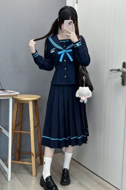JK Long Sleeve Navy Collar Top & Dark Blue Long Skirt Set - School Supply Style, College Aesthetic, Y2K Fashion