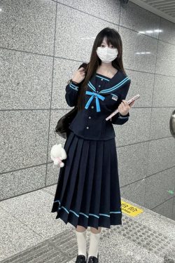 JK Long Sleeve Navy Collar Top & Dark Blue Long Skirt Set - School Supply Style, College Aesthetic, Y2K Fashion