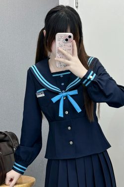 JK Long Sleeve Navy Collar Top & Dark Blue Long Skirt Set - School Supply Style, College Aesthetic, Y2K Fashion