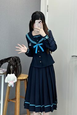 JK Long Sleeve Navy Collar Top & Dark Blue Long Skirt Set - School Supply Style, College Aesthetic, Y2K Fashion