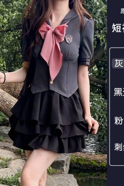 JK Uniform Set for Women - College Style Long & Short Sleeve Shirt with Waist-Cinching Design & Cake Skirt, Sailor Suit Inspired