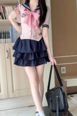 JK Uniform Set for Women - College Style Long & Short Sleeve Shirt with Waist-Cinching Design & Cake Skirt, Sailor Suit Inspired