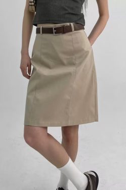 Khaki Midi Skirt for Women - Versatile Summer Bodycon Work Skirt, Professional Mid-Length Commuting Style, Chic Office Essential