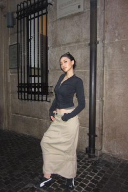 Khaki Parachute Skirt - Unique Style, Trendy Midi Length, Y2K Fashion, Streetwear Inspired, Casual Chic Look