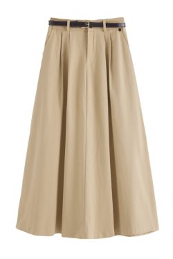 Khaki Washed Cotton High-Waisted A-Line Skirt for Pear-Shaped Body, Mid-Length Umbrella Skirt, Spring 2025 Fashion for Women