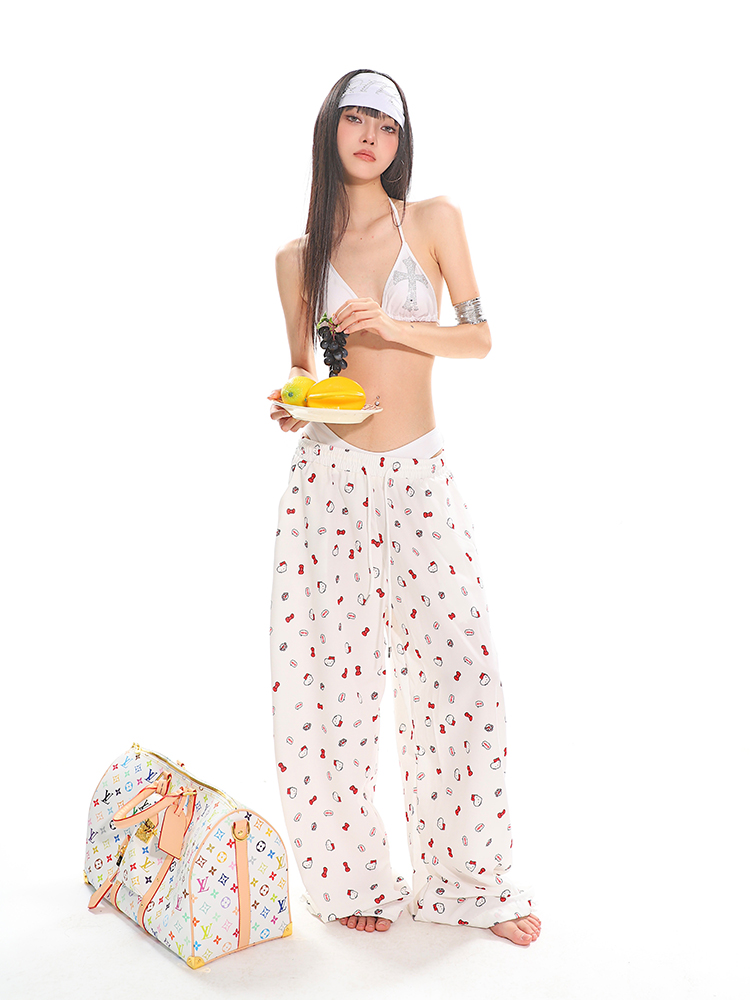 Kitty Cat Print Casual Pants for Women - Floor-Length Loose Straight Wide-Leg Trousers in American Style Kitty Cat Print Casual Pants for Women - Floor-Length Loose Straight Wide-Leg Trousers in American Style