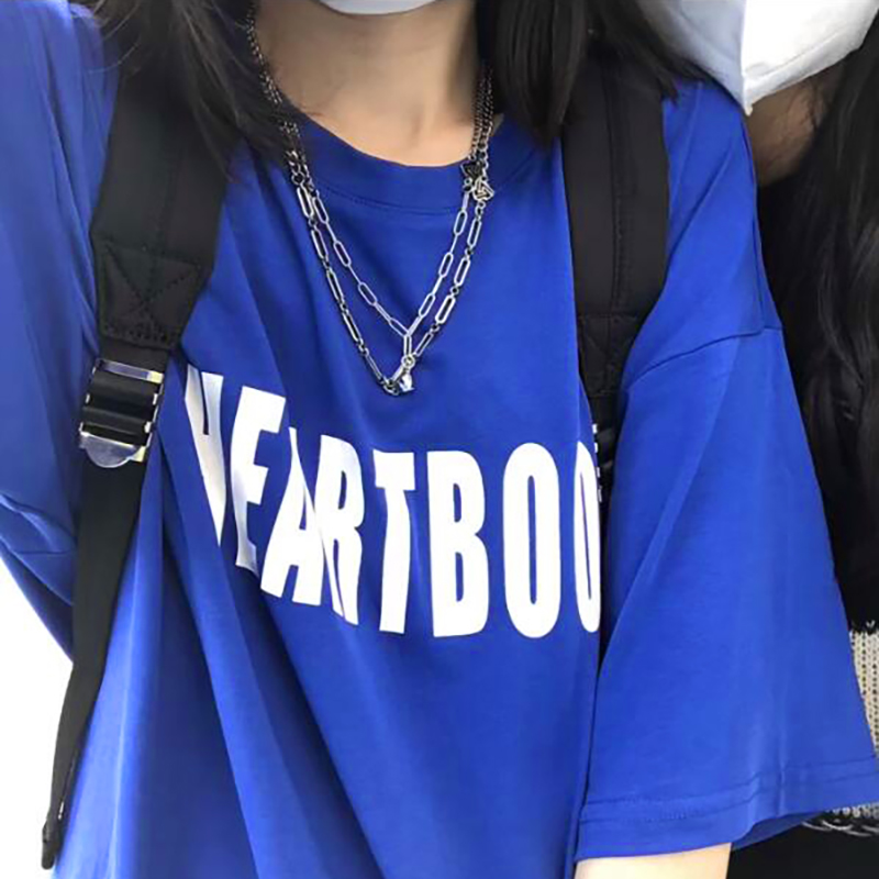 Klein Blue Oversized Short-Sleeve T-Shirt for Women - Summer Pure Cotton Top with Trendy Letter Design for Middle & High School Students Klein Blue Oversized Short-Sleeve T-Shirt for Women - Summer Pure Cotton Top with Trendy Letter Design for Middle & High School Students