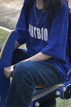 Klein Blue Oversized Short-Sleeve T-Shirt for Women - Summer Pure Cotton Top with Trendy Letter Design for Middle & High School Students